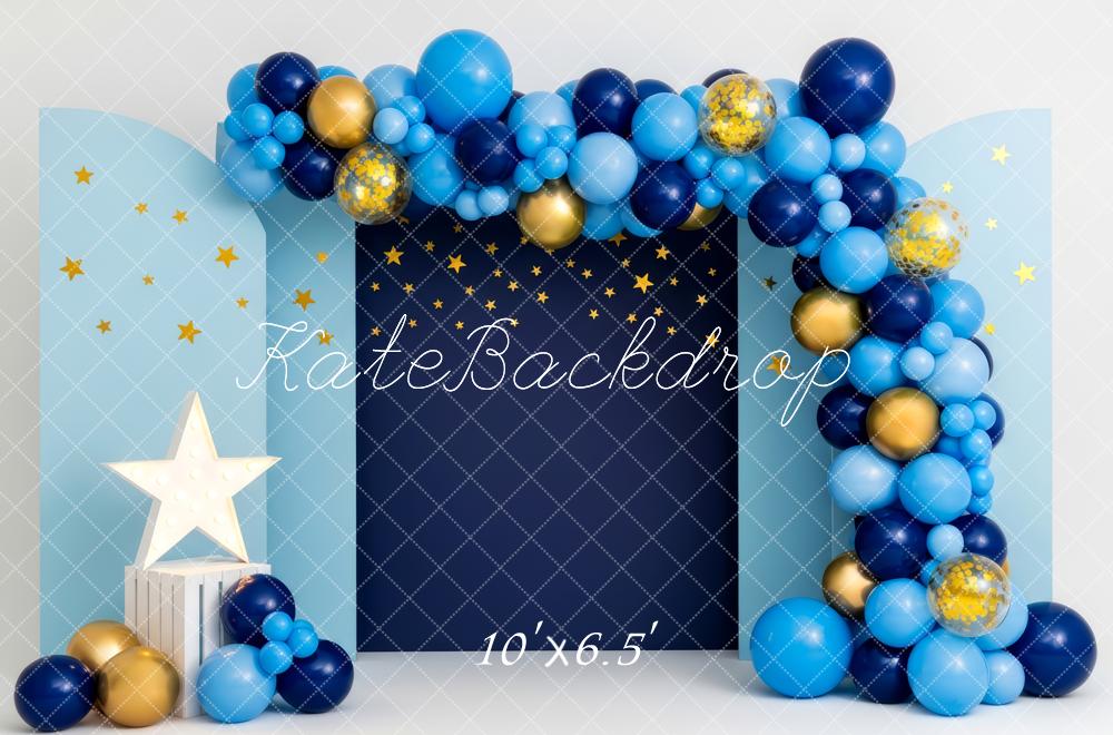 Kate Cake Smash Blue Balloon Arch Starry Night Printed Backdrop Designed by Patty Roberts