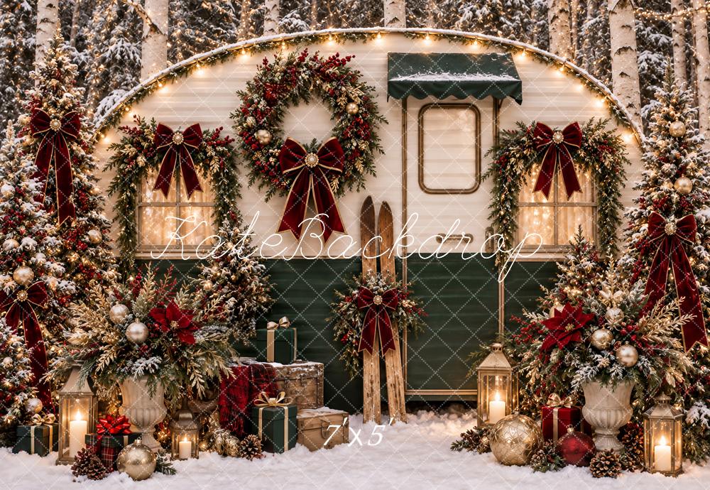 Kate Christmas Camper Snowy Forest Wreaths Red Bows Printed Backdrop Designed by Ashley Paul