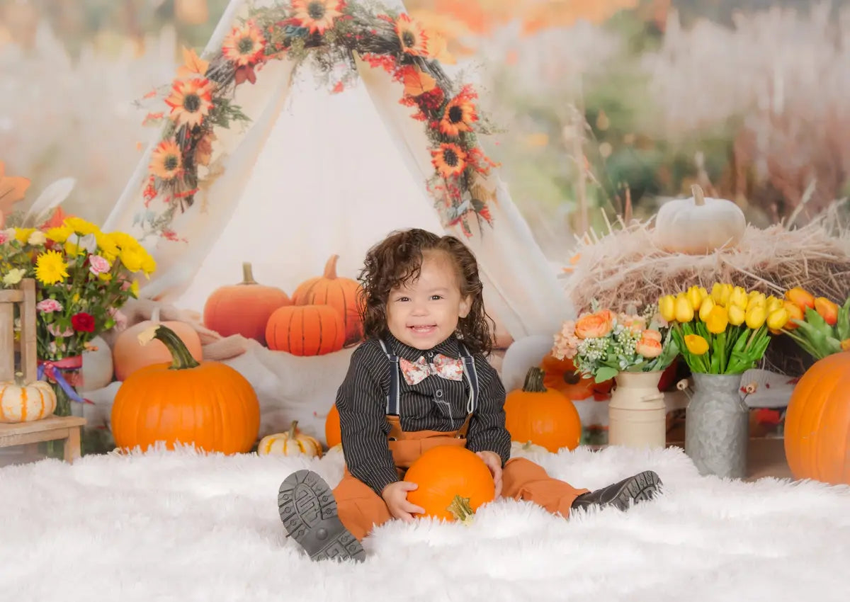 Kate Fall White Teepee Decorated With Pumpkins Backdrop Designed by Patty Robert