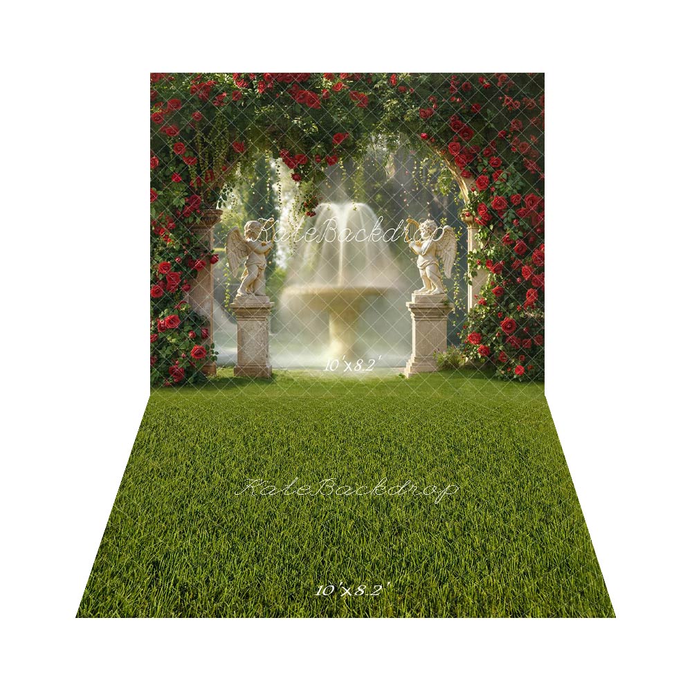 Kate Spring Red Rose Arch Angel Statues Fountain Garden Backdrop+Green Grass Field Floor Backdrop