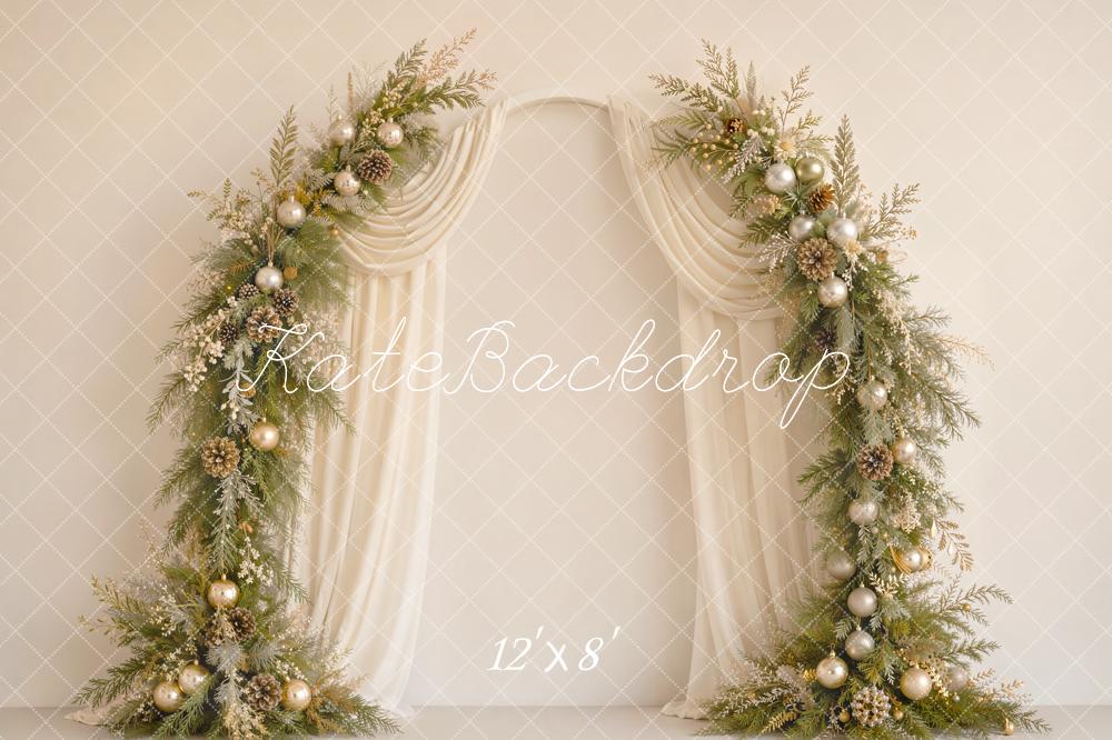 Kate Christmas Flower Arch Pine Cone Ornaments Cream Drapes Printed Backdrop Designed by Emetselch