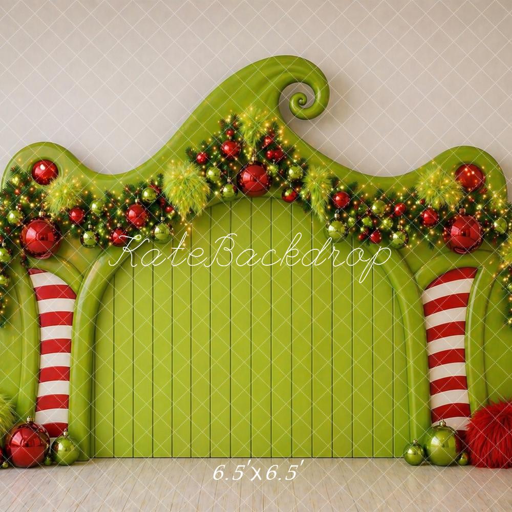 Kate Christmas Headboard Whimsical Green Candy Cane Ornament Garland Arch Printed Backdrop Designed by Caitlin Lynch
