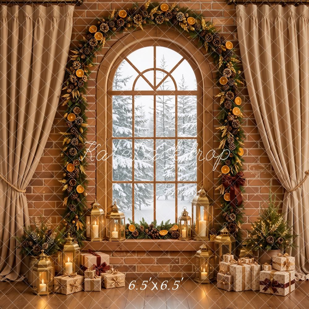 Kate Christmas Arched Window Curtains Garland Lanterns Gifts Brick Wall Printed Backdrop Designed by Emetselch