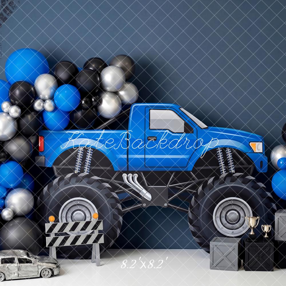 Kate Cake Smash Truck Blue Balloons Tire Tracks Printed Backdrop Designed by Patty Roberts