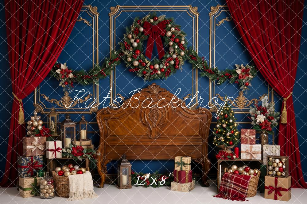 Kate Christmas Headboard Wreath Red Curtains Gifts Printed Backdrop Designed by Patty Roberts