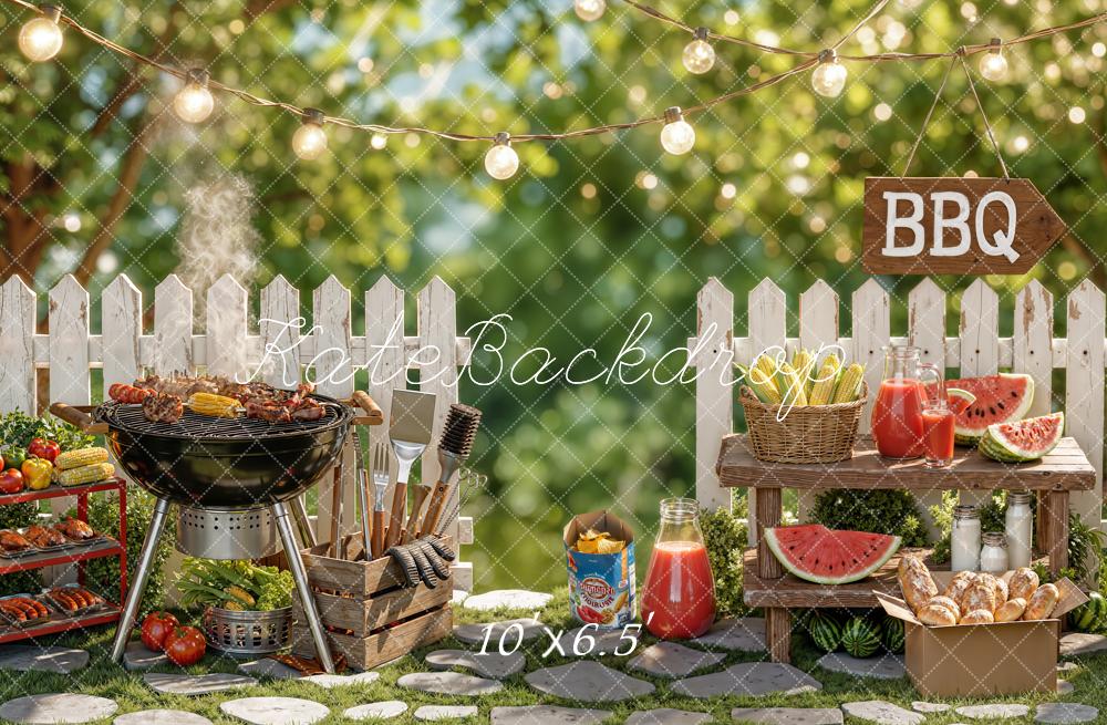 Kate Summer BBQ Grill Picnic White Picket Fence String Lights Printed Backdrop Designed by Chain Photography