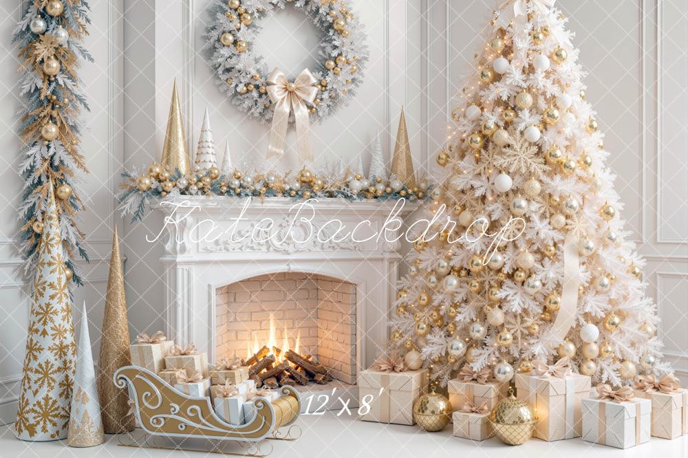 Kate Christmas White Tree Gold Decorations Fireplace Presents Sleigh Printed Backdrop Designed by Mini MakeBelieve