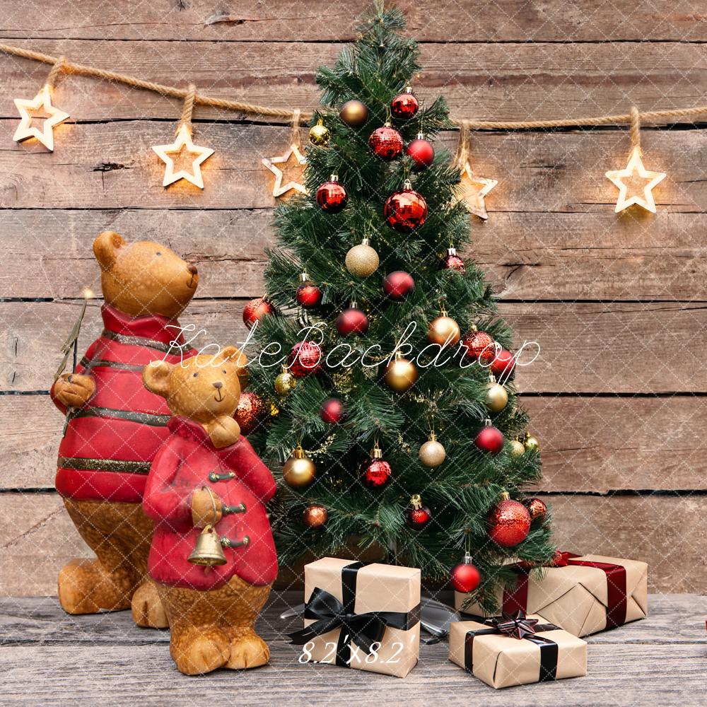 Kate Christmas Tree Bears Presents Rustic Wood Stars Printed Backdrop Designed by Fantasyphotoart