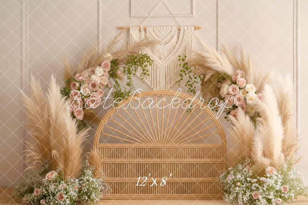 Kate Boho Headboard Rattan Flower Arch Pampas Grass Beige Printed Backdrop Designed by Emetselch