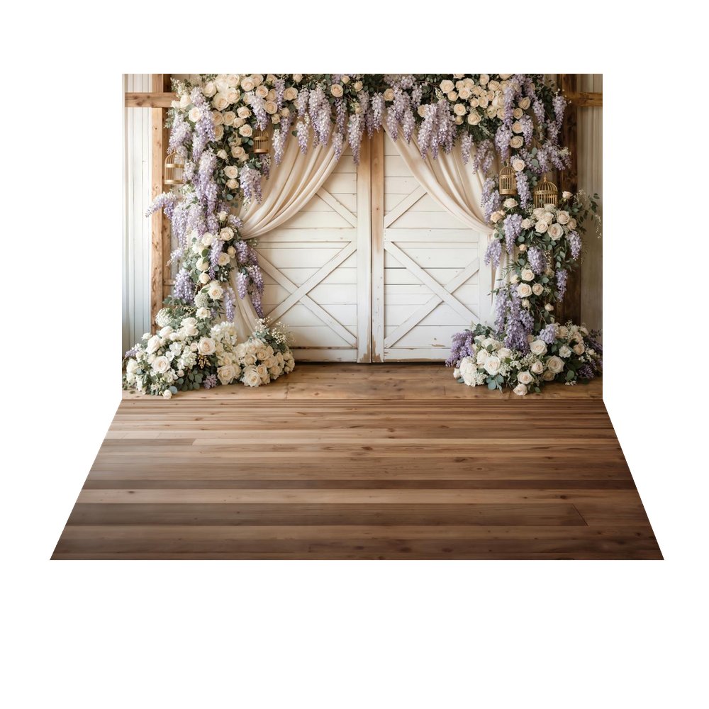 Kate Spring Flower Arch White Barn Door Lavender Roses Backdrop+Brown Wood Plank Floor Backdrop