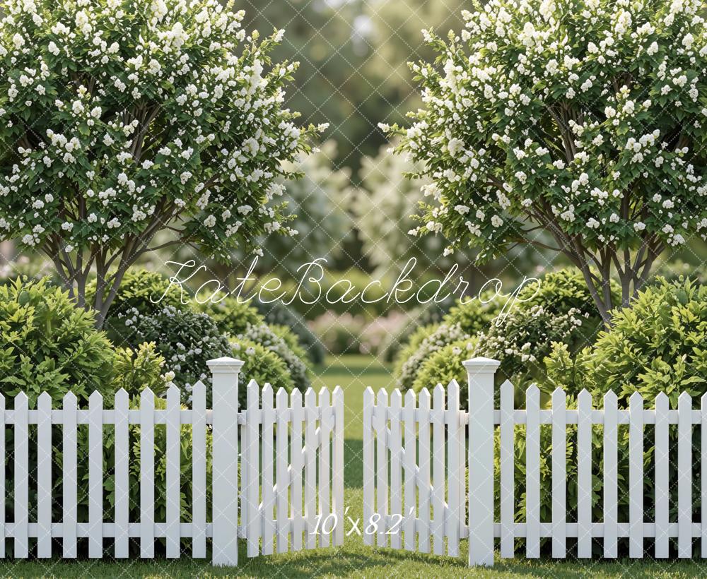 Kate Spring White Picket Fence Flowering Trees Garden Printed Backdrop Designed by Mini MakeBelieve