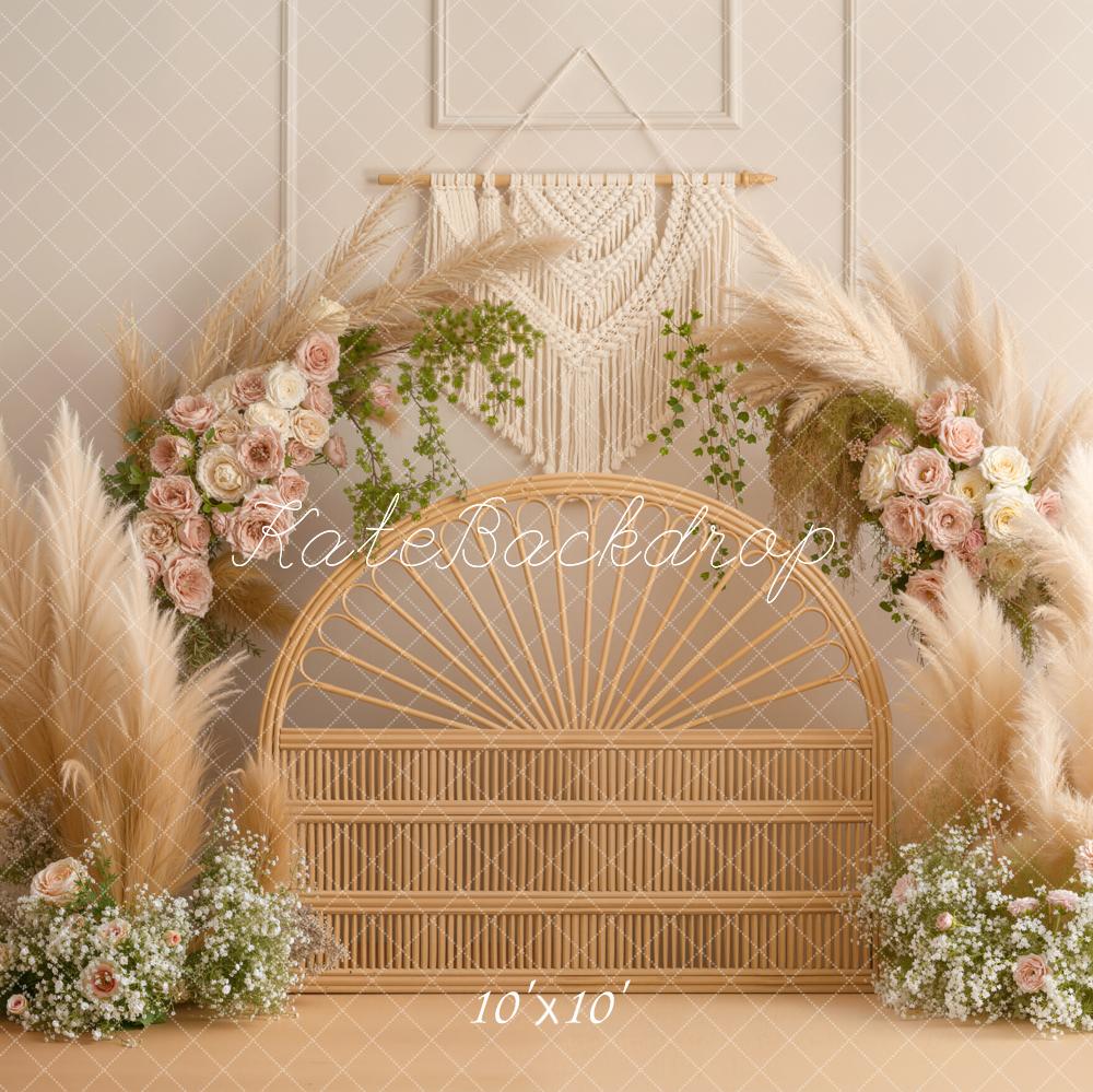 Kate Boho Headboard Rattan Flower Arch Pampas Grass Beige Printed Backdrop Designed by Emetselch