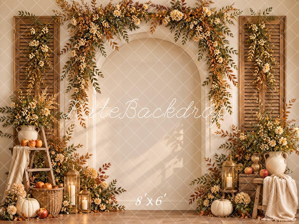Kate Fall Floral Arch Pumpkins Shutters Wall Sunlight Printed Backdrop Designed by Emetselch