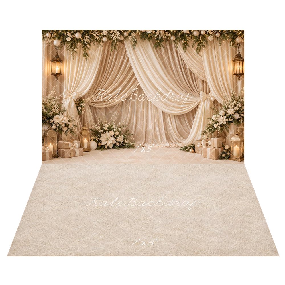 Kate Christmas Cream Drapes Garland Lanterns Presents Flowers Printed Backdrop+Beige Furry Plush Floor Printed Backdrop