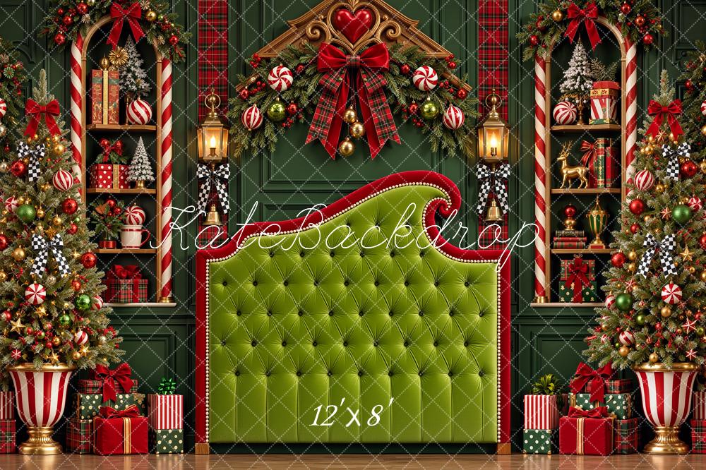 Kate Christmas Green Headboard Trees Candy Cane Plaid Printed Backdrop Designed by Shutter Swan Studios
