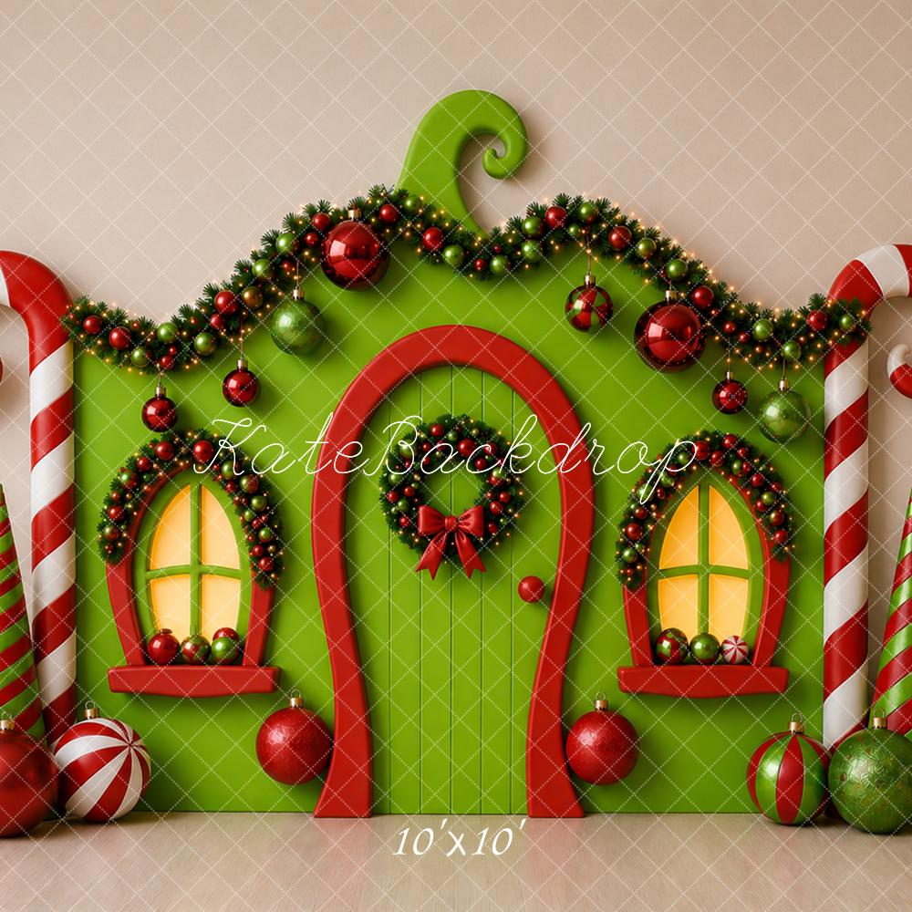 Kate Christmas Whimsical Green Elf House Candy Cane Printed Backdrop Designed by Caitlin Lynch