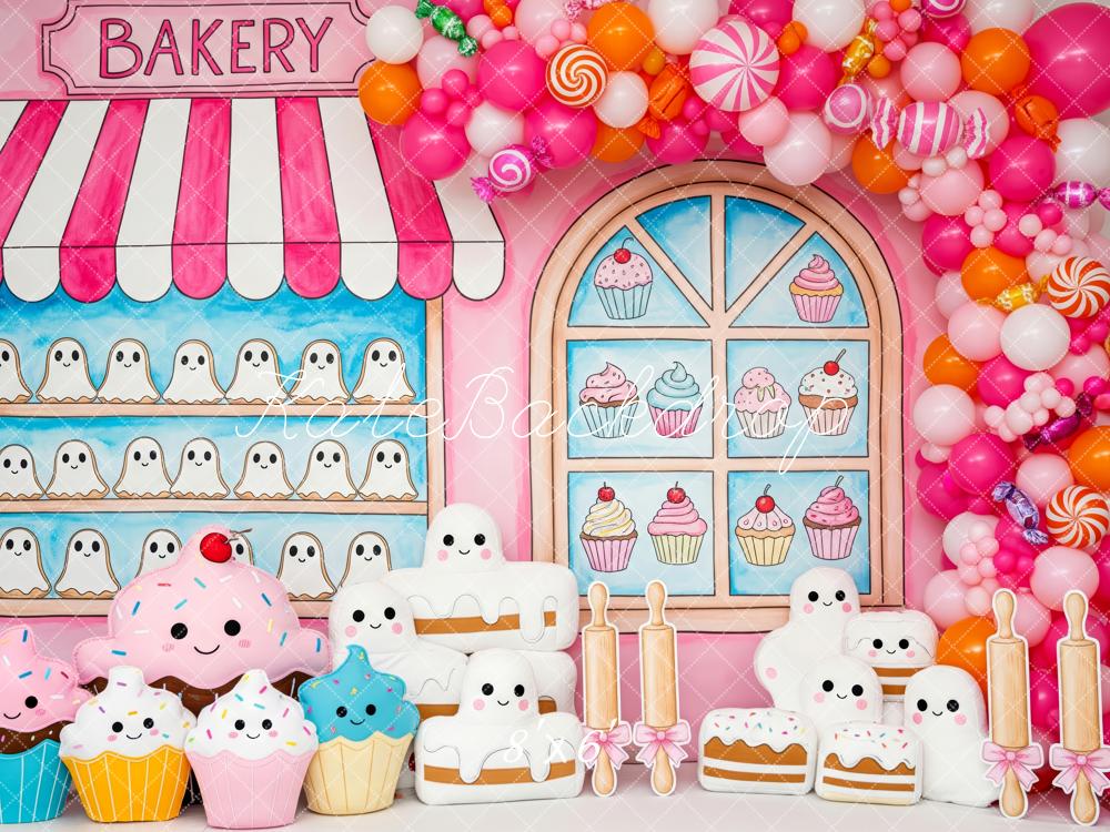 Kate Halloween Bakery Shop Ghosts Cupcakes Pink Balloons Backdrop Designed by Patty Roberts