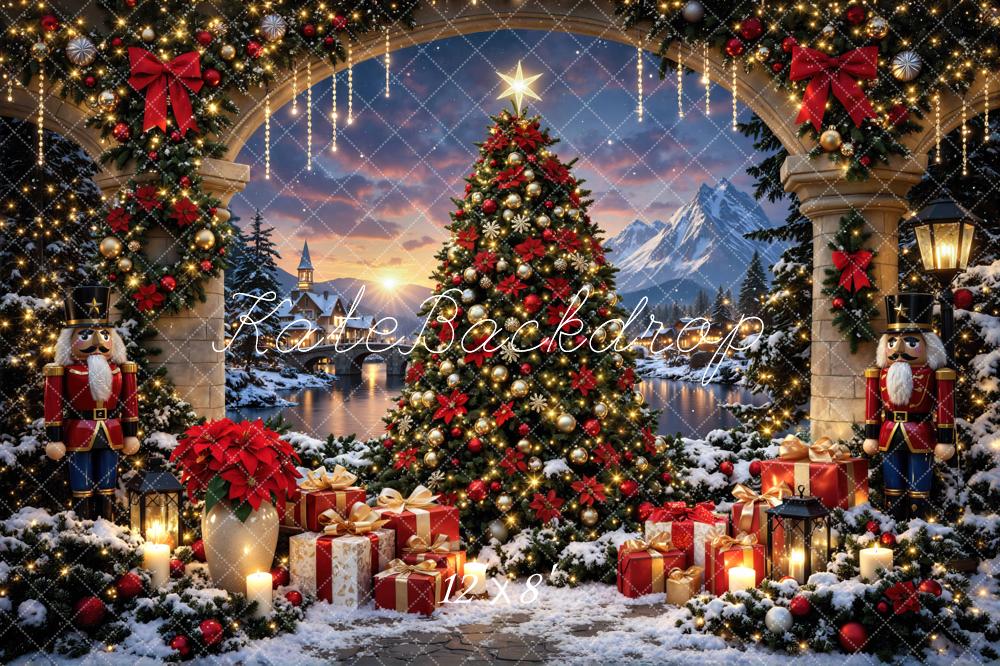 Kate Christmas Tree Nutcracker Presents Archway Snowy Village Printed Backdrop Designed by Mini MakeBelieve