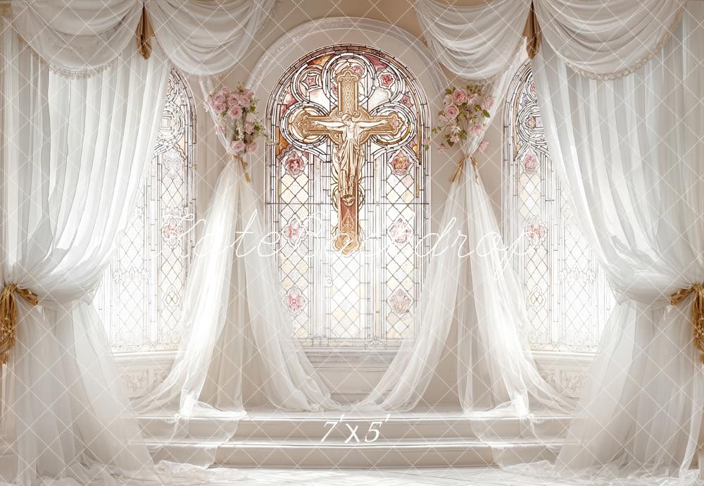Kate Wedding Church Stained Glass Cross Drapes Flowers Backdrop Designed by Emetselch