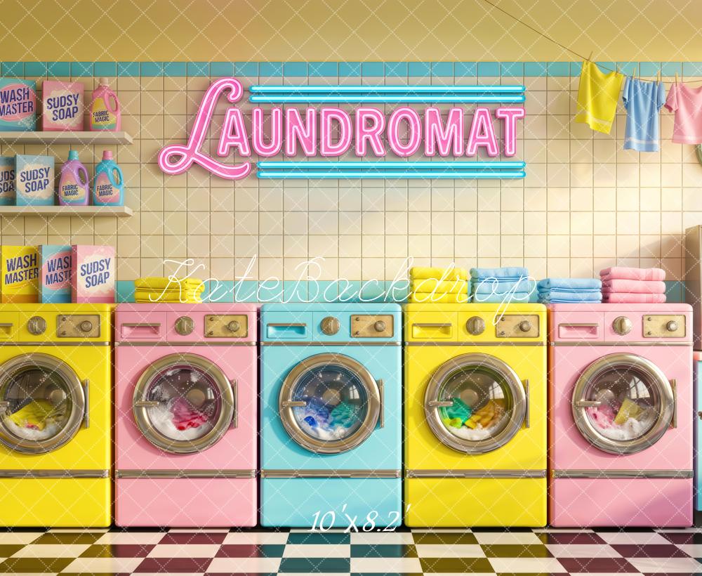 Kate Retro Pastel Laundromat Washing Machines Printed Backdrop Designed by Patty Roberts