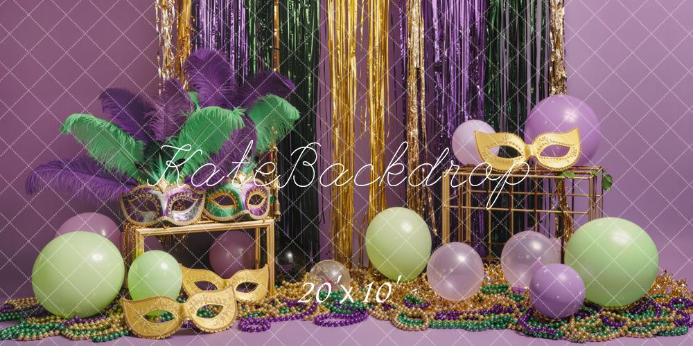 Kate Mardi Gras Masks Balloons Beads Tinsel Backdrop Designed by Emetselch