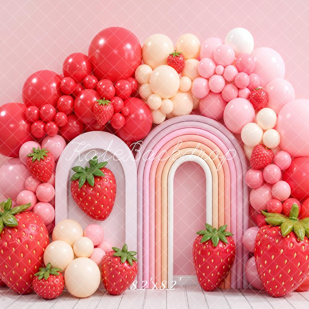 Kate Cake Smash Birthday Strawberry Balloon Arch Pink Rainbow Printed Backdrop Designed by Emetselch