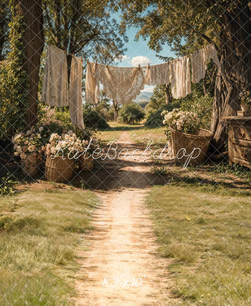 Kate Summer Country Path Laundry Clothesline Floral Baskets Backdrop Designed by Emetselch