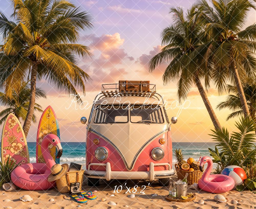 Kate Summer Beach Pink Truck Palm Trees Surfboards Flamingo Printed Backdrop Designed by Chain Photography