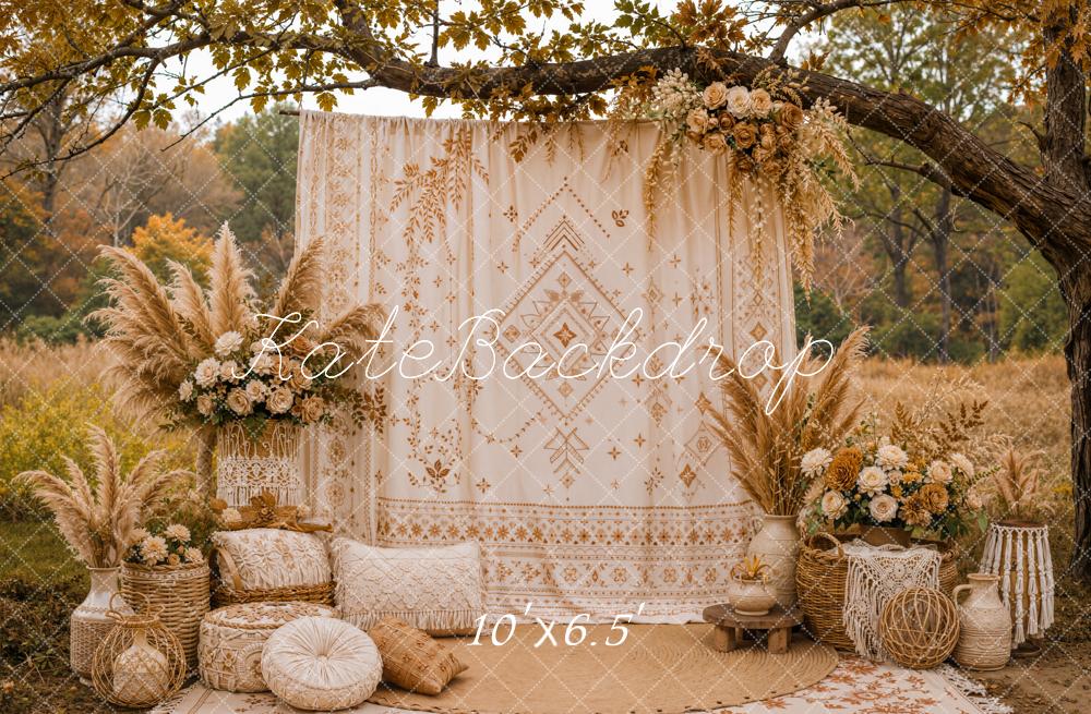 Kate Fall Boho Floral Pampas Grass Branch Arch Printed Backdrop Designed by Emetselch