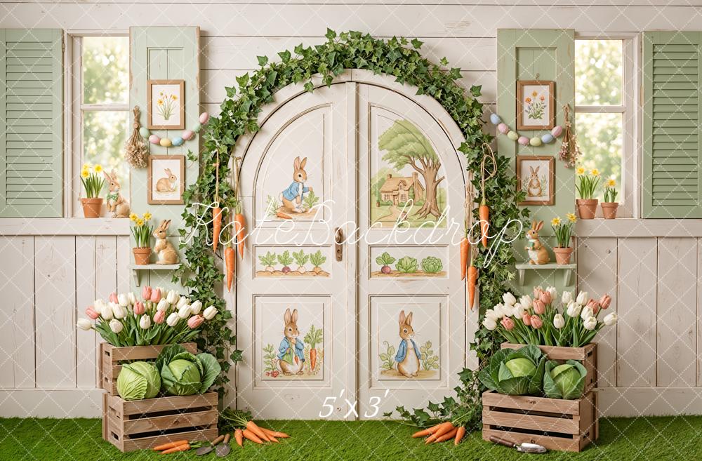 Kate Easter Bunny Garden Door with Carrots and Tulips Printed Backdrop Designed by Emetselch