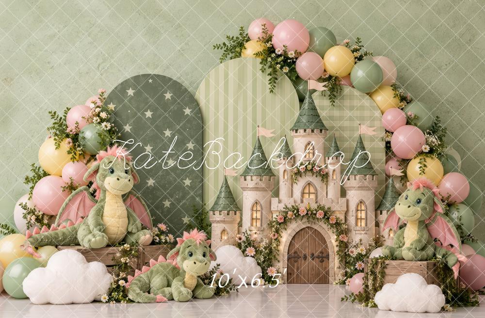 Kate Cake Smash Fantasy Green Arch Castle Dragons Flower Printed Backdrop Designed by Laura Bybee