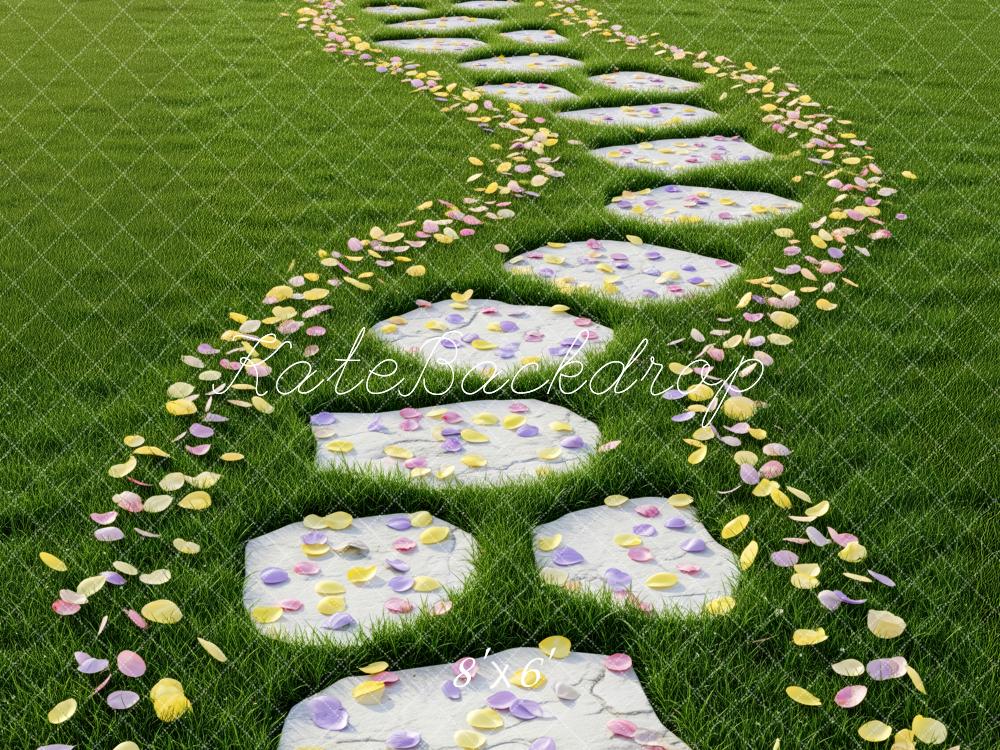Kate Spring Stone Pathway On Grass With Flower Petals Floor Backdrop Designed by Patty Roberts
