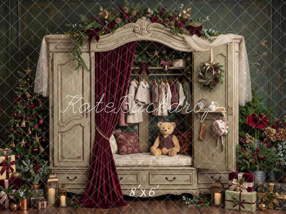 Kate Christmas Vintage Wardrobe Teddy Bear Tree Printed Backdrop Designed by Patty Roberts