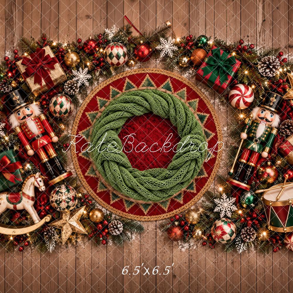 Kate Christmas Newborn Nutcracker Wreath Garland Red Green Printed Backdrop Designed by Laura Bybee