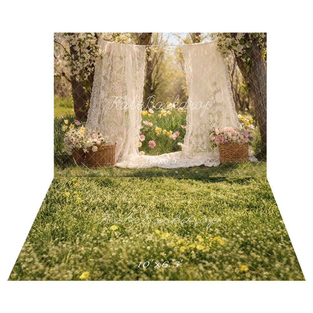 Kate Mother's Day Lace Curtains Flower Baskets Garden Printed Backdrop+Green Grass Meadow Printed Backdrop