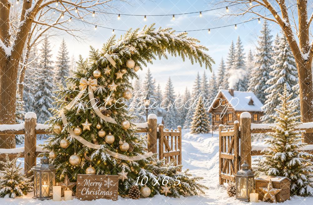 Kate Christmas Fantasy Snowy Tree Whimsical Gold Ornaments Cabin Gate Printed Backdrop Designed by Emetselch
