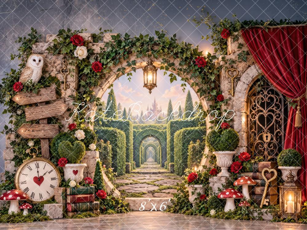 Kate Fantasy Garden Magical Labyrinth Stone Arch Red Curtain Printed Backdrop Designed by Laura Bybee