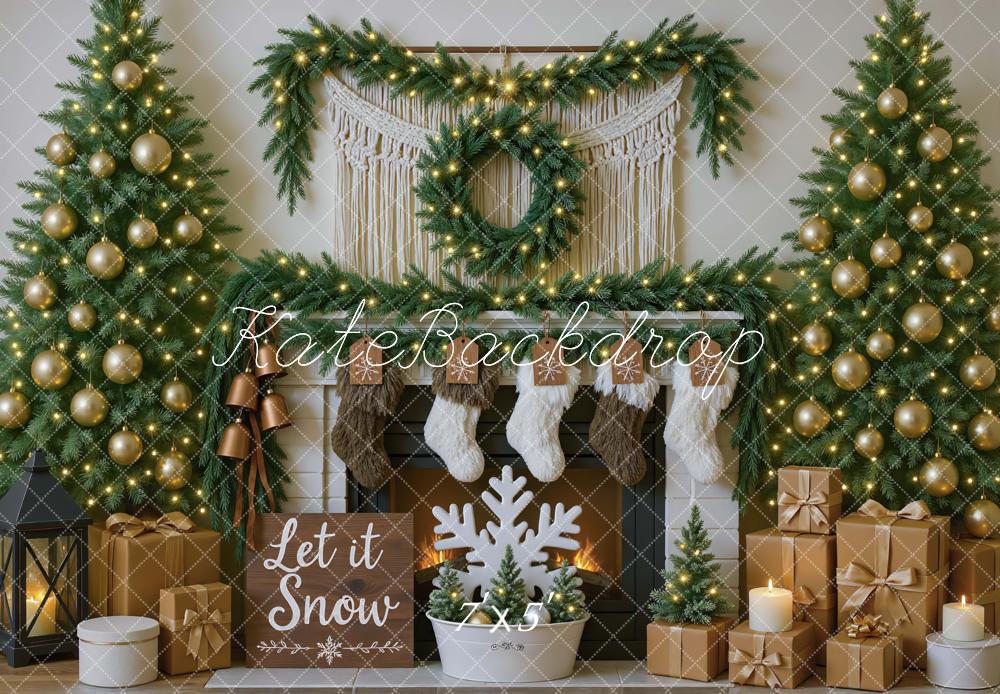 Kate Christmas Fireplace Macrame Garland Gold Ornaments Trees Gifts Backdrop Designed by Mini MakeBelieve