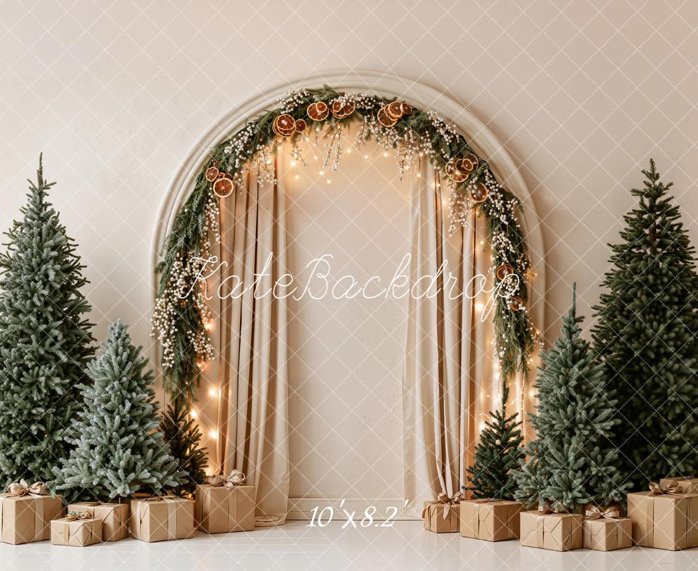 Kate Christmas Pine Garland Arch Pine Trees Presents Beige Printed Backdrop Designed by Emetselch