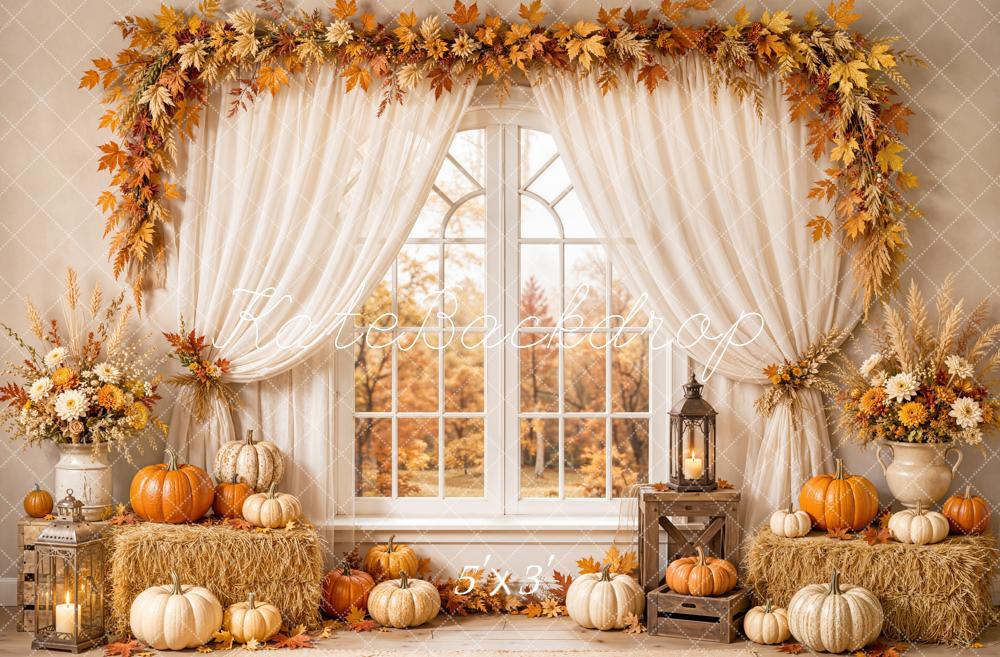 Kate Fall Window White Curtains Pumpkins Hay Bale Maple Garland Printed Backdrop Designed by Emetselch