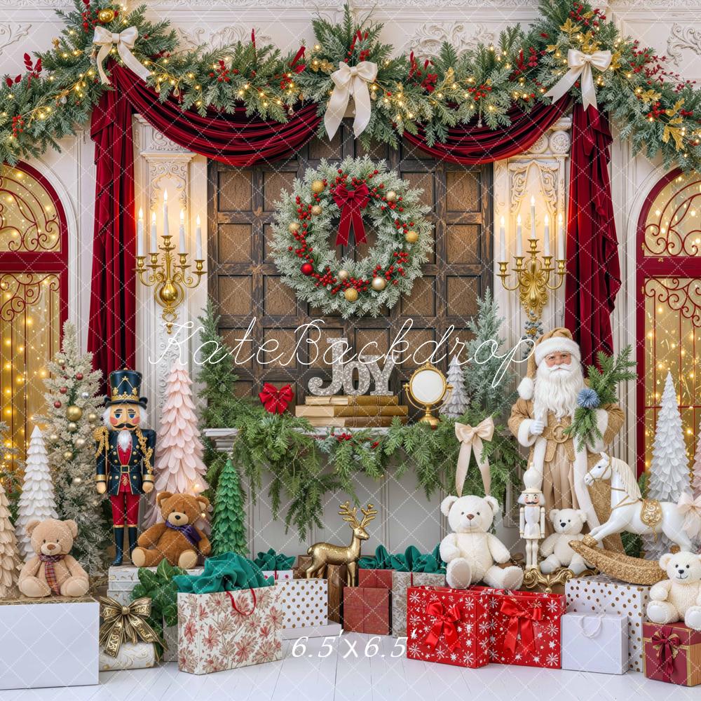 Kate Christmas Santa Claus Fireplace Mantel Garland Gifts Printed Backdrop Designed by Mini MakeBelieve