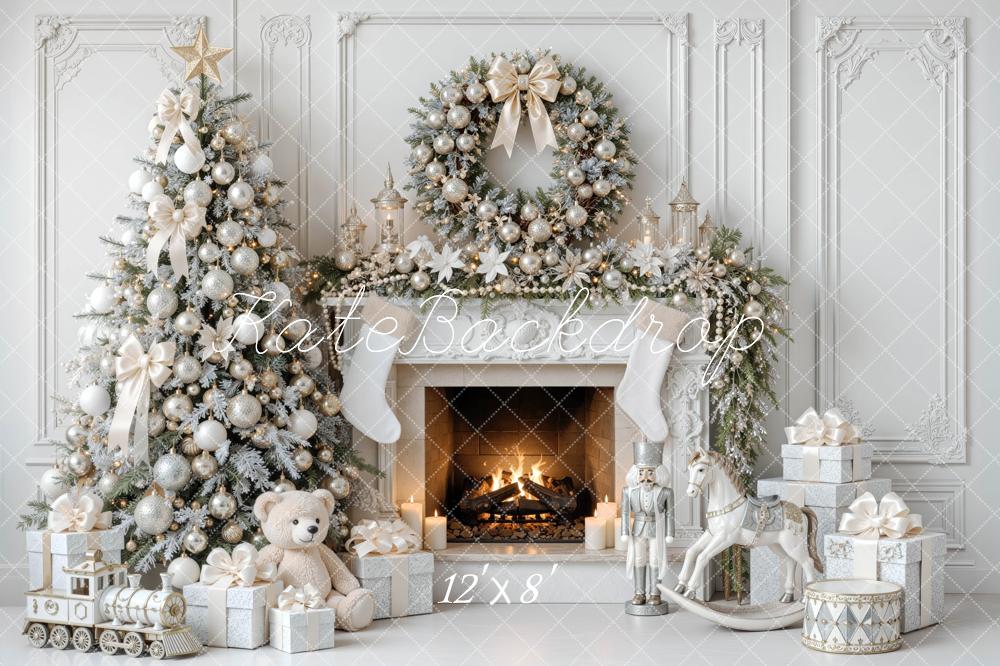 Kate Christmas Tree White Fireplace Wreath Toys Vintage Wall Printed Backdrop Designed by Mini MakeBelieve