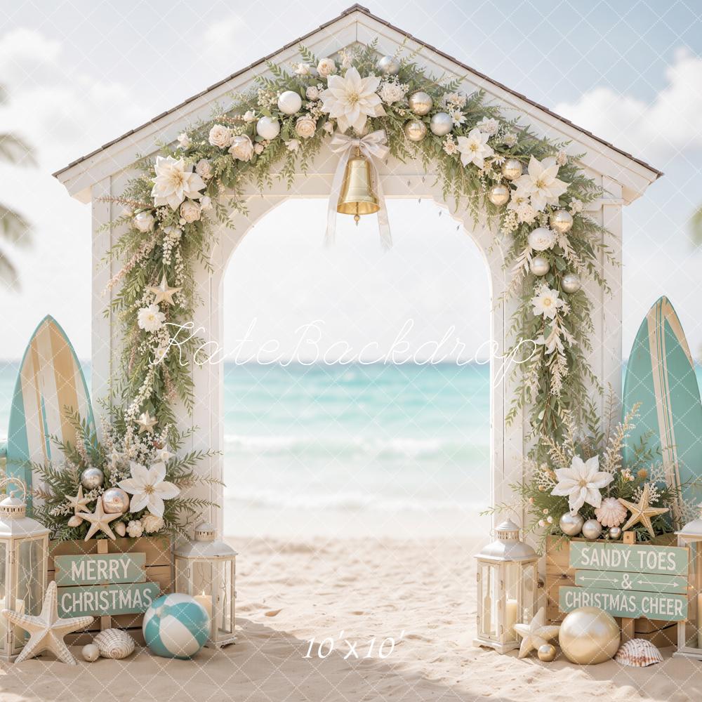 Kate Christmas Beach Arch Surfboards Garland Palm Trees Printed Backdrop Designed by Emetselch