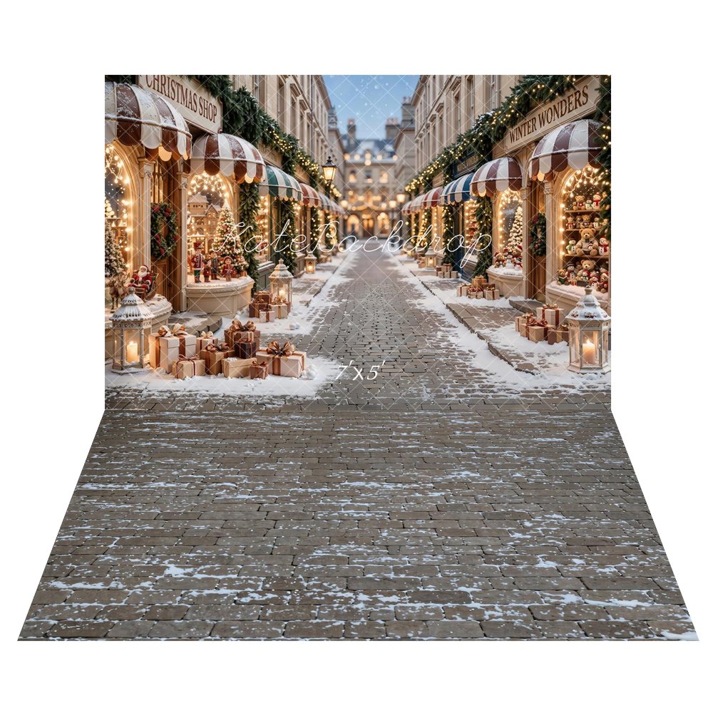 Kate Christmas Shop Snowy Street Printed Backdrop+Cobblestone Snow Floor Printed Backdrop