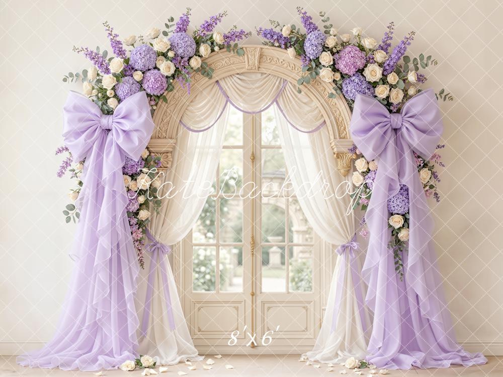 Kate Mother's Day Flower Arch Purple Bow Drapes Window Printed Backdrop Designed by Emetselch
