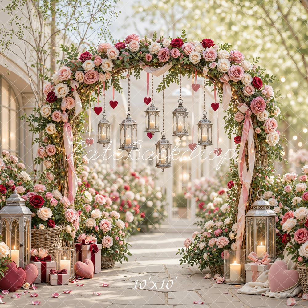 Kate Valentine's Day Flower Arch Lanterns Street Roses Printed Backdrop Designed by Emetselch