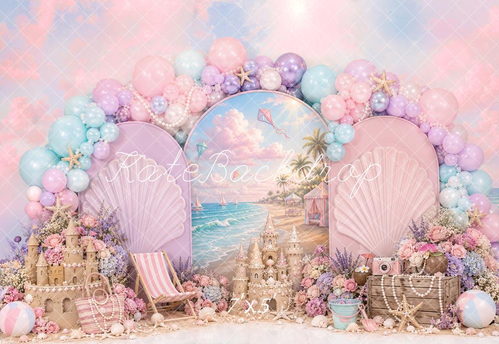 Kate Mermaid Pink Beach Shell Balloon Sandcastle Printed Backdrop Designed by Ashley Paul