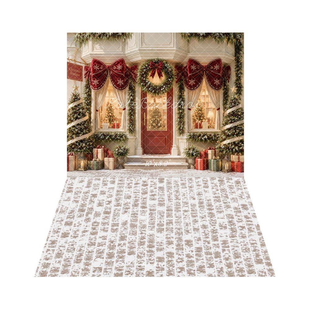 Kate Christmas Boutique Doorway Red Bow Wreath Garland Gift Boxes Printed Backdrop+Beige Cobblestone Snowy Floor Printed Backdrop