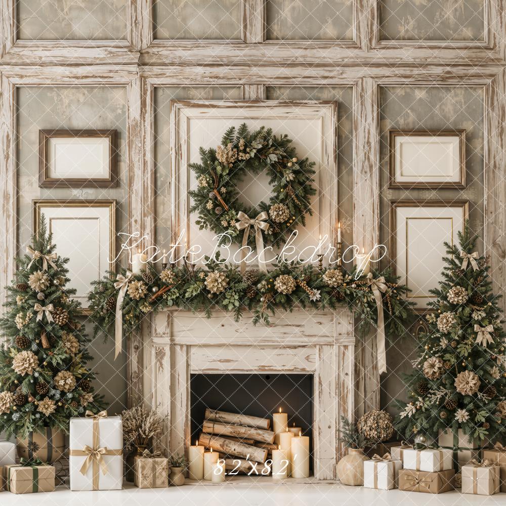 Kate Christmas Fireplace Rustic Wreath Garland Trees Neutral Printed Backdrop Designed by Emetselch