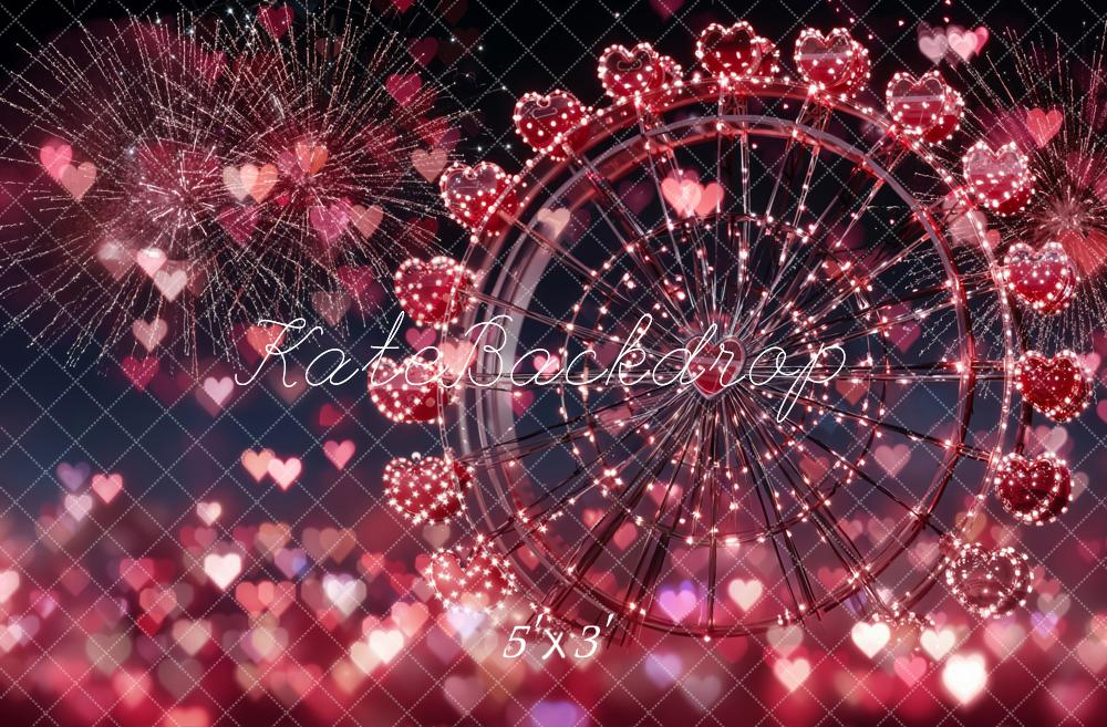 Kate Valentine's Day Ferris Wheel Fireworks Red Hearts Backdrop Designed by Emetselch